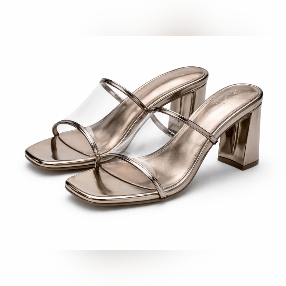 The Drop Clear Strap Block Heel Sandals Sz 10 Pewter Metallic Square Toe Mule.